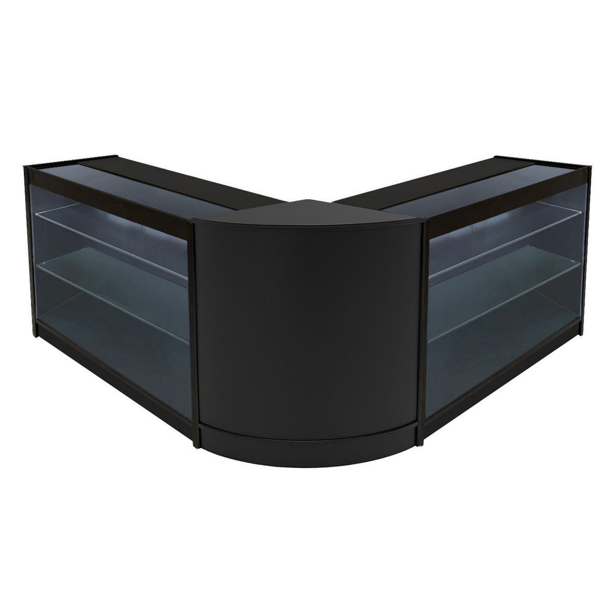 Schwarzes Helios LED Verkaufstheken-Set mit zwei Vitrinen, elegantem Design, glatten Oberflächen und beleuchteten Glasregalen für optimale Produktpräsentation