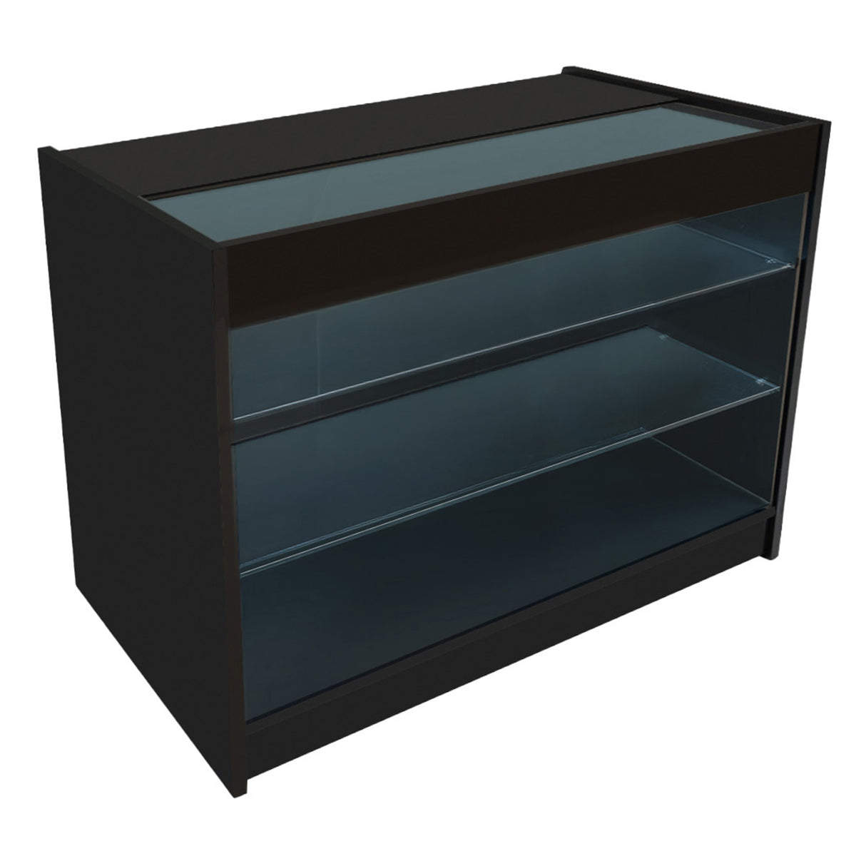 Schwarzes Helios LED Verkaufstheken-Set mit zwei Regalen aus Glas, modernem Design und eleganter, glatter Oberfläche, ideal für Verkaufsräume