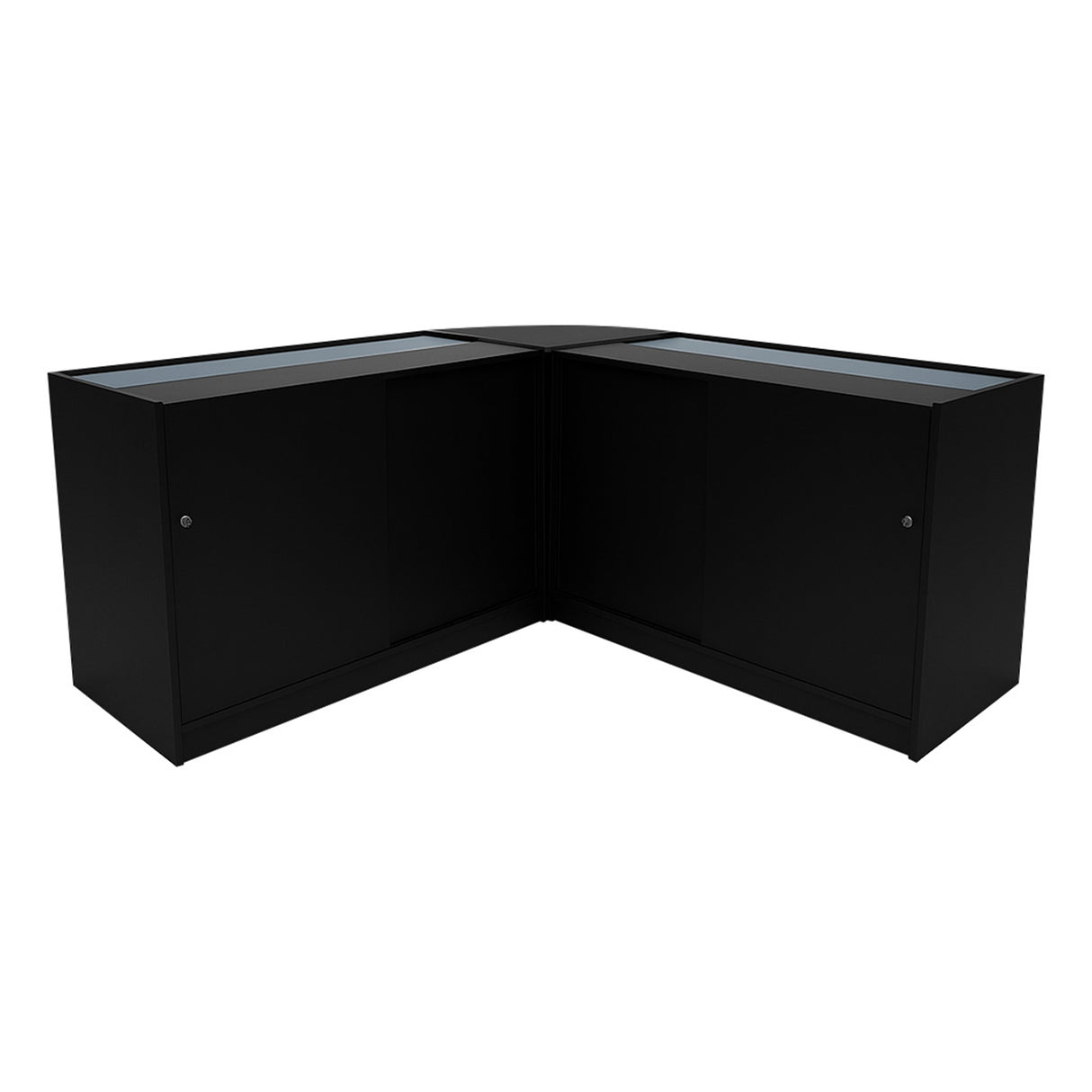 Schwarzes Hera LED Verkaufstheken-Set mit zwei Glastüren, modernem Design und eleganter, glatter Oberfläche, ideal für den Einzelhandel