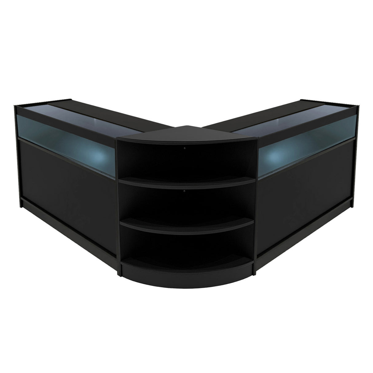 Schwarzes LED Verkaufstheken-Set bestehend aus zwei eleganten, modernen Vitrinen mit Glasoberflächen und offenen Regalen für optimale Präsentation