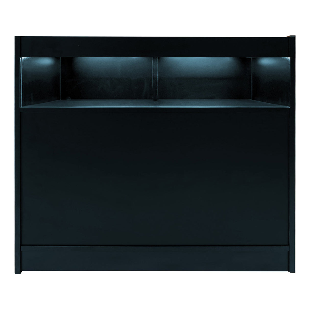 Schwarzes LED-Verkaufstheken-Set mit zwei Einheiten, elegant und modern, mit sanfter Beleuchtung und glatter Oberfläche, ideal für Verkaufsräume