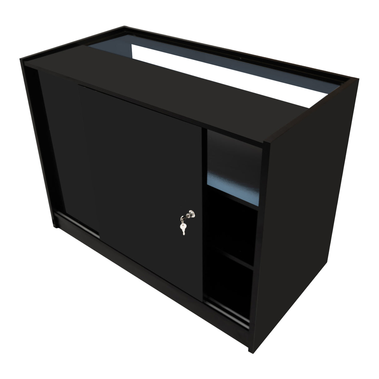 Schwarzes Harmonia LED Verkaufstheken-Set mit modernen, glatten Oberflächen, einer Schiebetür und offenen Regalen für optimale Präsentation und Stauraum