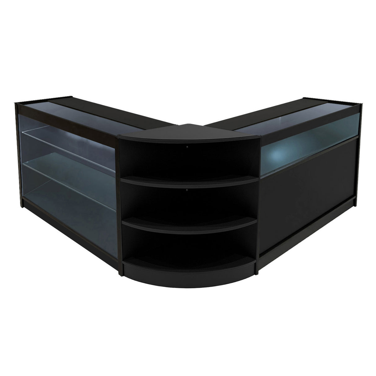 Schwarzes Demeter LED Verkaufstheken-Set mit eleganten Glasflächen, abgerundeten Ecken und offenen Regalen für optimale Produktpräsentation