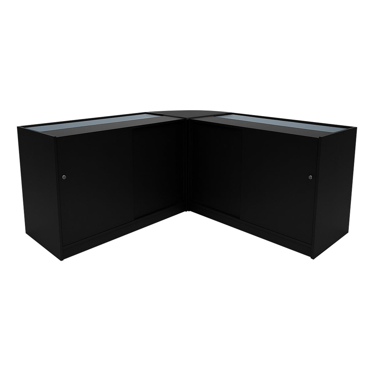 Schwarzes Demeter LED Verkaufstheken-Set mit zwei Glastüren, modernem Design und glatter Oberfläche, ideal für Verkaufsräume und Ausstellungen