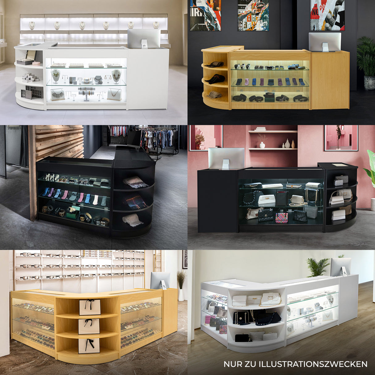 Schwarzes Demeter LED Verkaufstheken-Set mit Glasregalen, modernem Design und eleganten Linien, ideal für Einzelhandelsgeschäfte und Ausstellungen