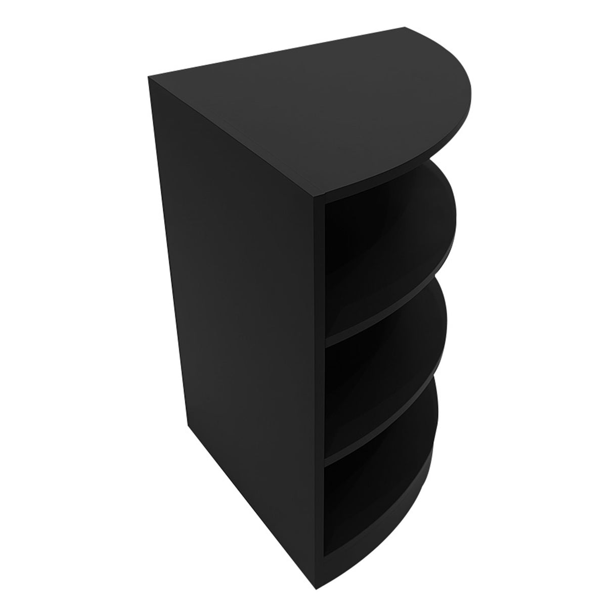 Schwarzes LED Verkaufstheken-Set mit abgerundeter Form, vier offenen Regalen und glatter, mattschwarzer Oberfläche für moderne Verkaufsräume