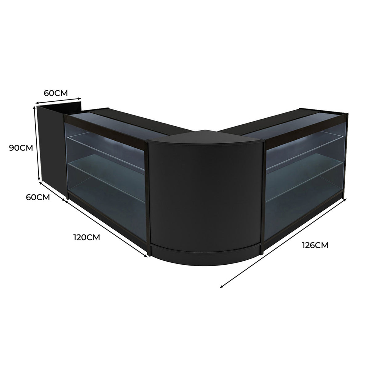 Schwarzes Aries LED Verkaufstheken-Set mit zwei Vitrinen, abgerundeten Ecken und Glasregalen, ideal für Verkaufsräume und Ausstellungen