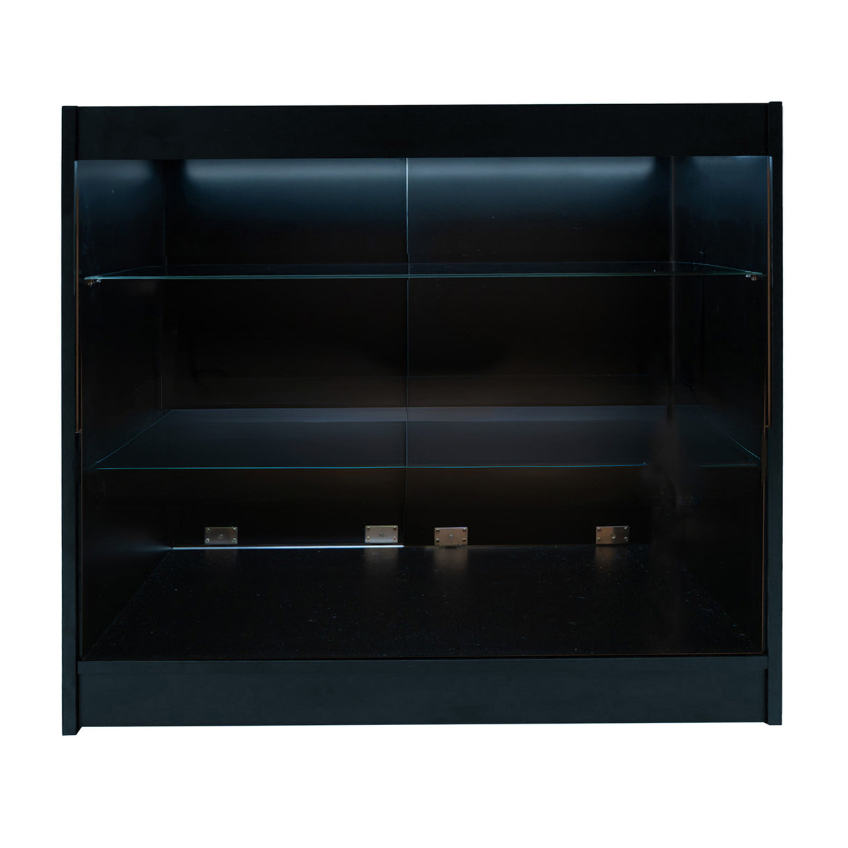 Schwarzes Aries LED Verkaufstheken-Set mit zwei Regalen und LED-Beleuchtung, elegantes Design, glatte Oberflächen und klare Glasregale