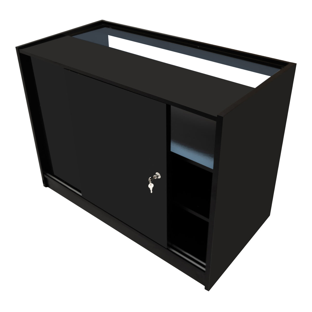Schwarzes LED Verkaufstheken-Set mit zwei Modulen, glänzender Oberfläche, Schiebetür und offenen Regalen für optimale Präsentation und Stauraum