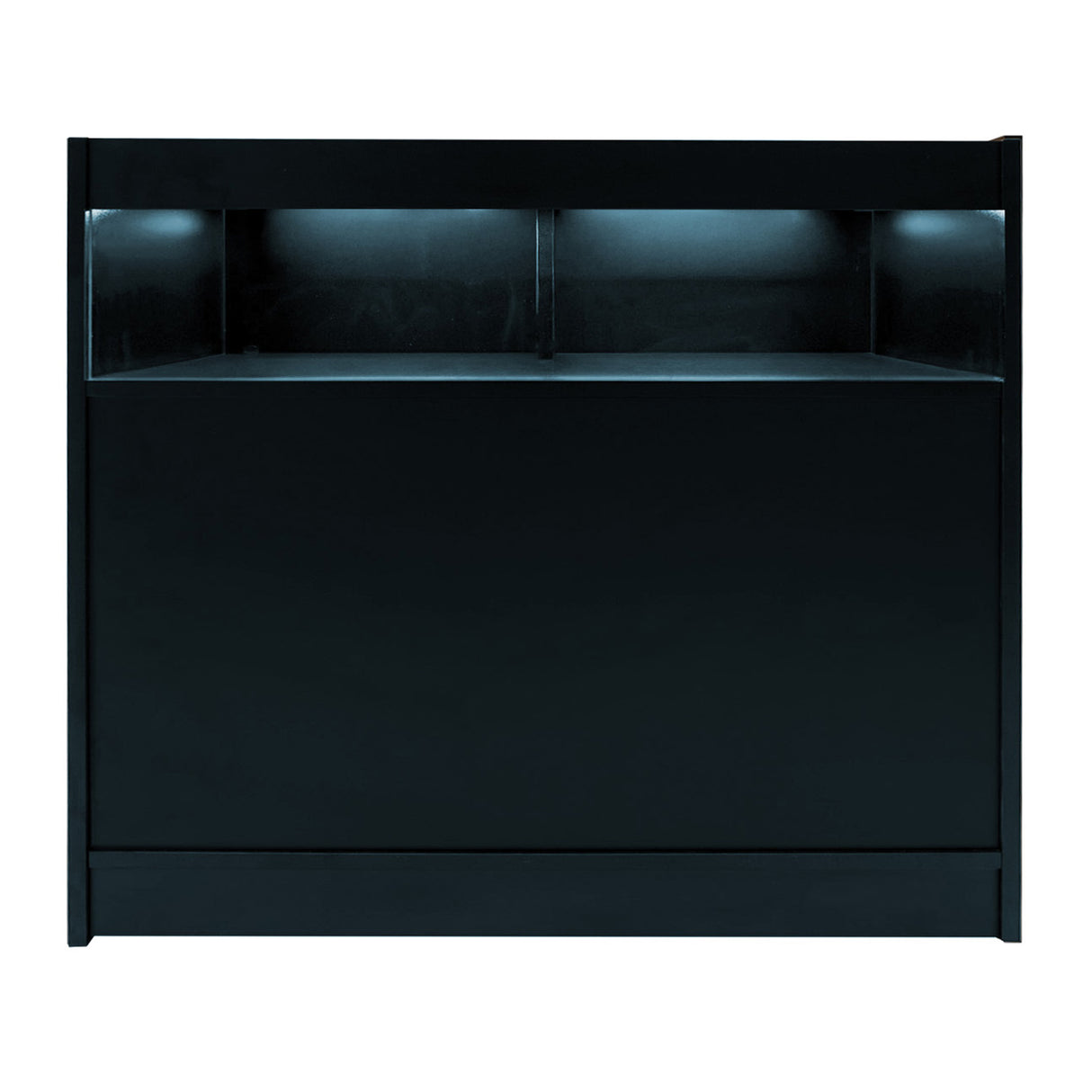 Schwarzes LED-Verkaufstheken-Set mit zwei Einheiten, glatte Oberfläche, integrierte Beleuchtung und moderne, minimalistische Form