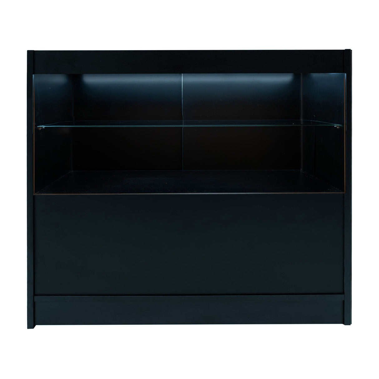 Schwarzes Eclipse LED Verkaufstheken-Set mit gläsernem Regal, modernem Design und sanfter Beleuchtung, ideal für Verkaufsräume und Ausstellungen