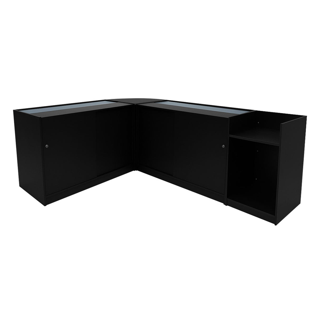 Schwarzes Astro LED Verkaufstheken-Set mit zwei Einheiten, gläsernen Oberflächen und eleganten, modernen Kanten, ideal für Verkaufsräume