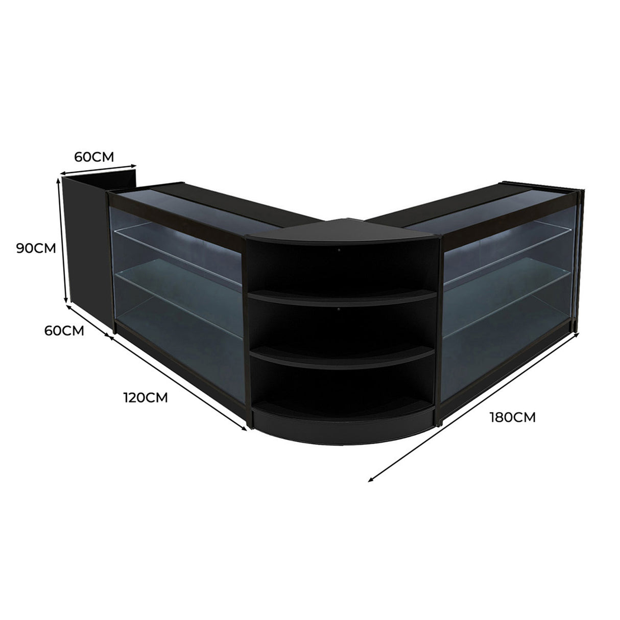 Schwarzes Astro LED Verkaufstheken-Set mit zwei Vitrinen, abgerundeten Kanten, Glasregalen und modernen LED-Leuchten, ideal für Verkaufsräume