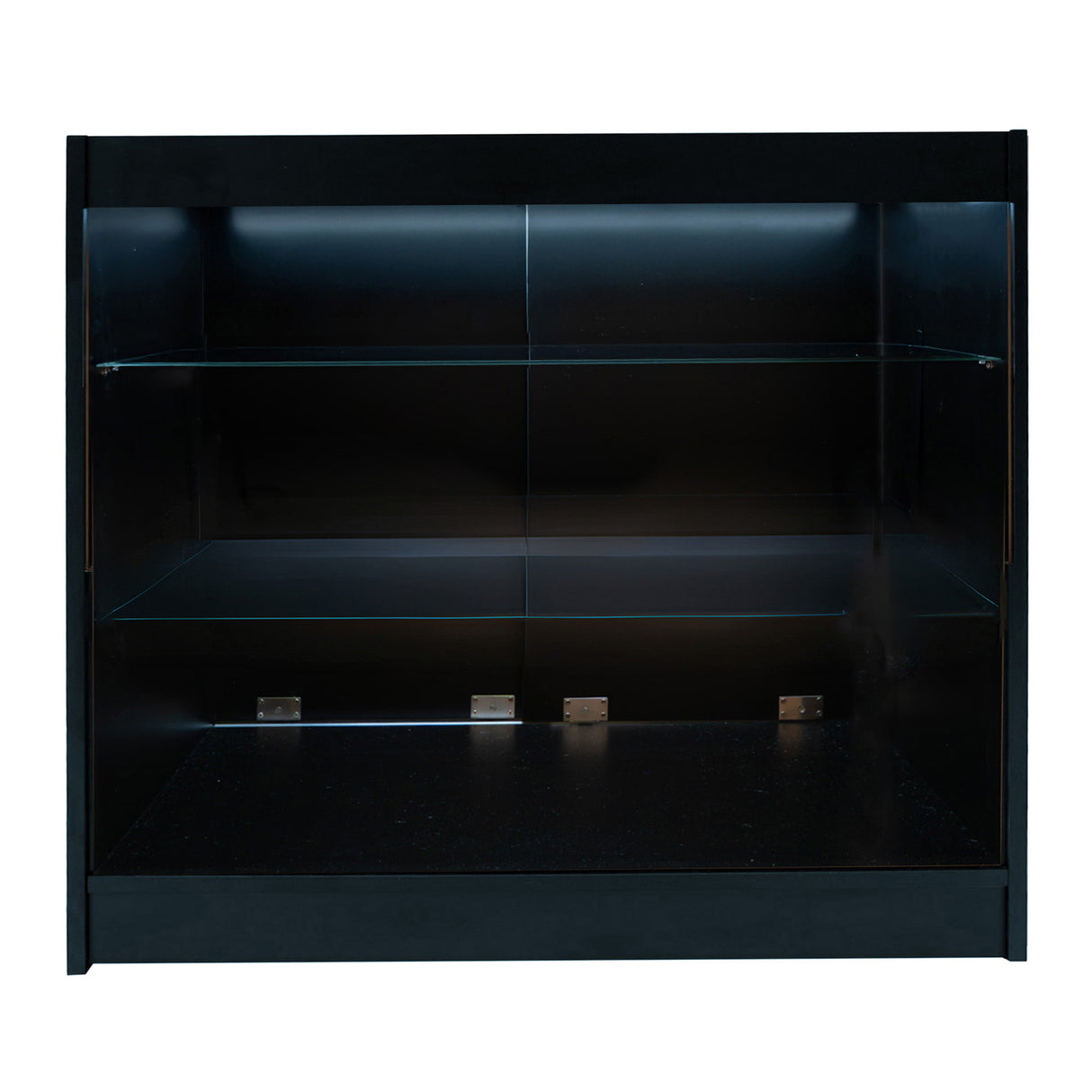 Schwarzes Astro LED Verkaufstheken-Set mit zwei Regalen, elegantem Design, glatten Oberflächen und integrierter Beleuchtung für optimale Produktpräsentation