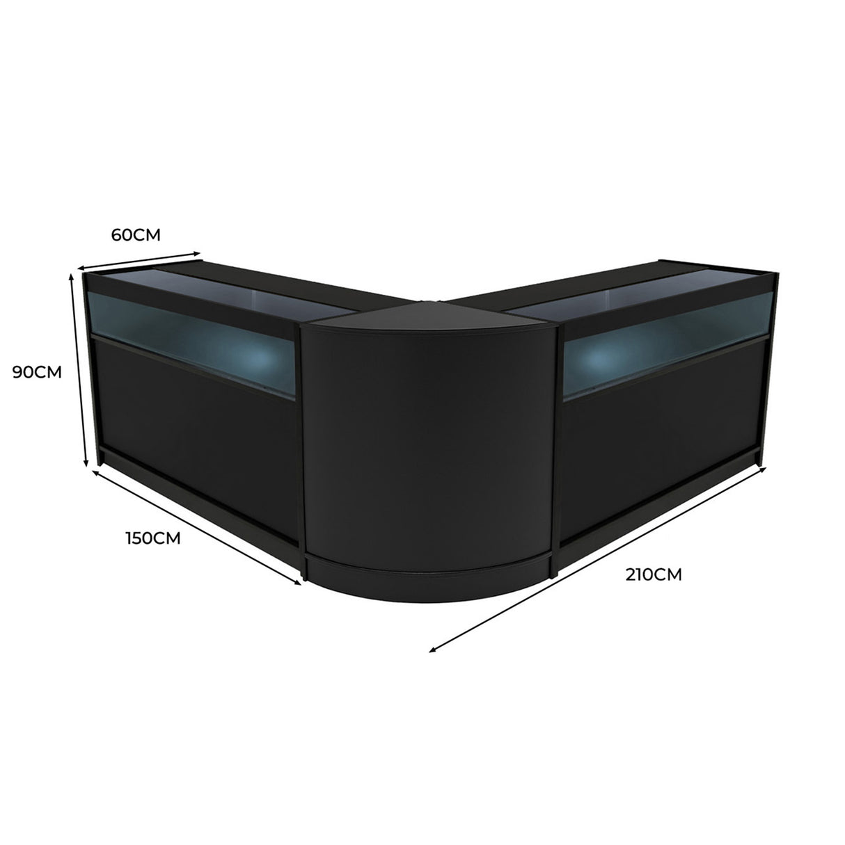 Schwarzes Iris LED Verkaufstheken-Set mit zwei eleganten, abgerundeten Ecken, beleuchtet und mit Glasoberflächen, ideal für Verkaufsräume