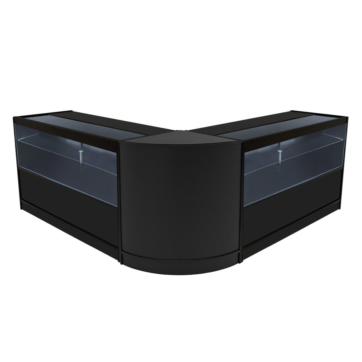 Schwarzes Selene LED Verkaufstheken-Set mit zwei eleganten, modernen Vitrinen und klaren Glasflächen, ideal für den Einzelhandel