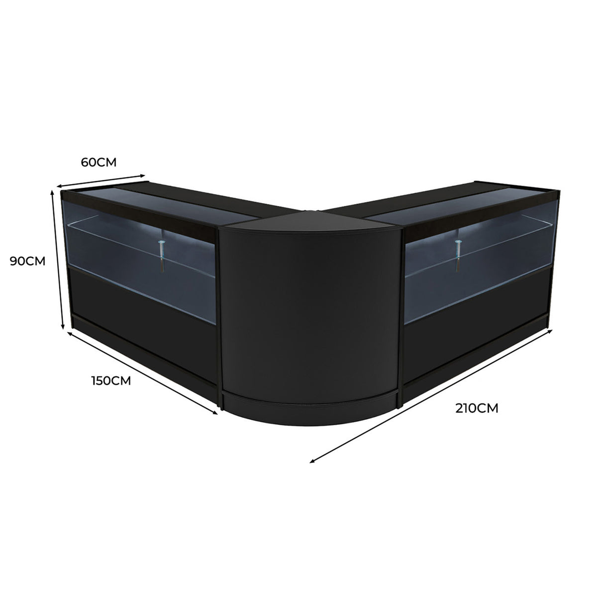 Schwarzes Selene LED Verkaufstheken-Set mit zwei Elementen, abgerundete Ecken, Glasvitrinen und LED-Beleuchtung, ideal für Verkaufsräume