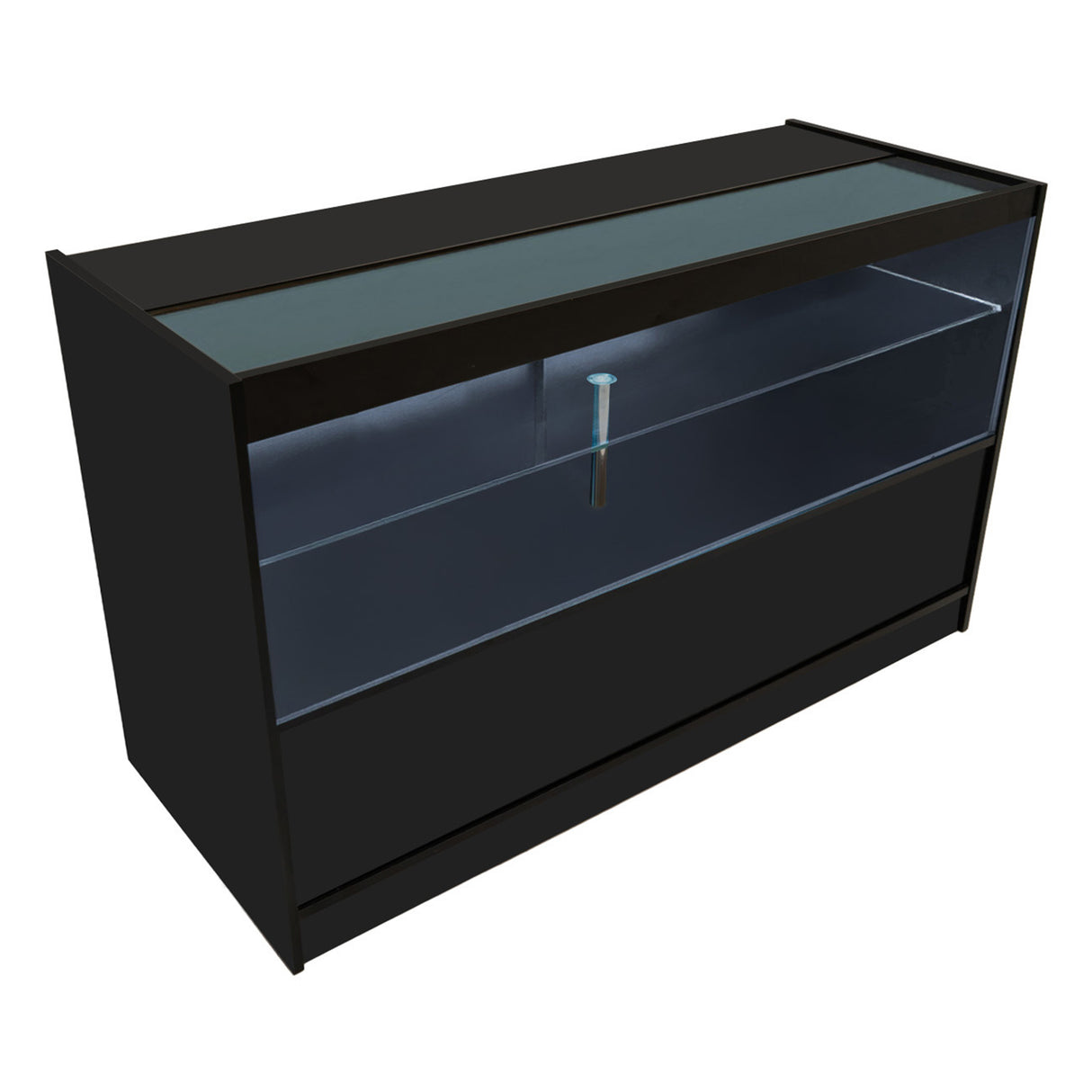 Schwarzes Selene LED Verkaufstheken-Set mit gläserner Front und eleganten Linien, ideal für moderne Verkaufsräume und Ausstellungen