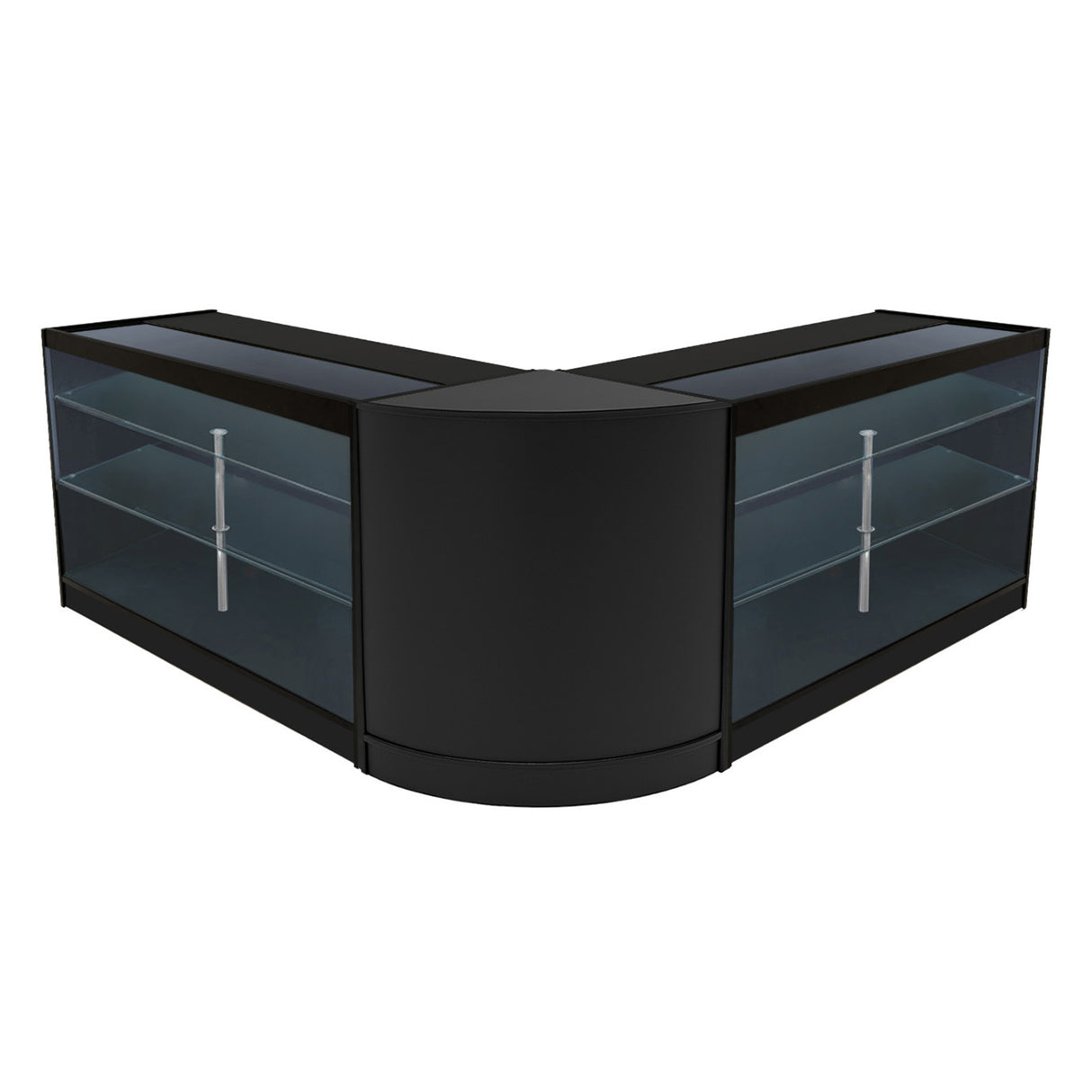Schwarzes Helios LED Verkaufstheken-Set mit zwei eleganten, geschwungenen Vitrinen und klaren Glasregalen, ideal für Verkaufsräume und Ausstellungen