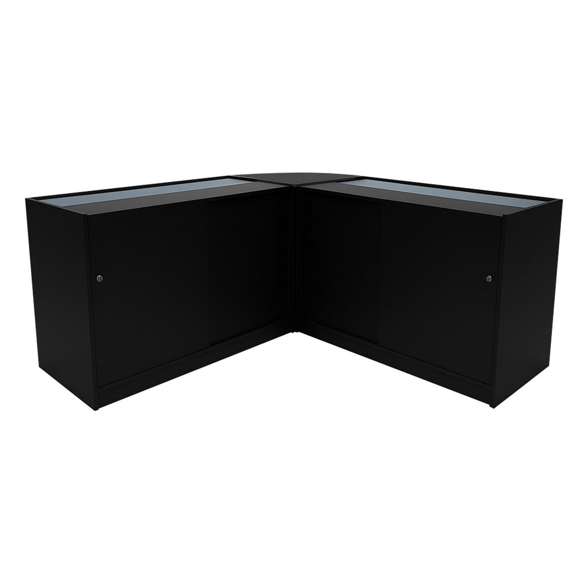 Schwarzes Helios LED Verkaufstheken-Set CM60 + K1500, bestehend aus zwei eleganten, modernen Vitrinen mit Glasoberflächen und glatten Oberflächen