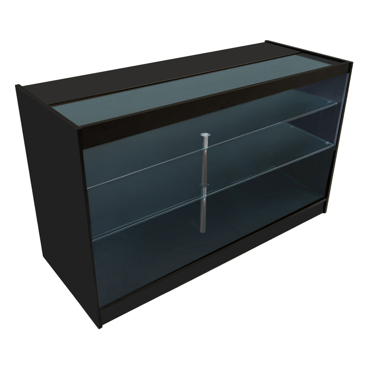Schwarzes Helios LED Verkaufstheken-Set CM60 mit zwei Regalen, transparenten Glasflächen und eleganter, moderner Gestaltung für Verkaufsräume