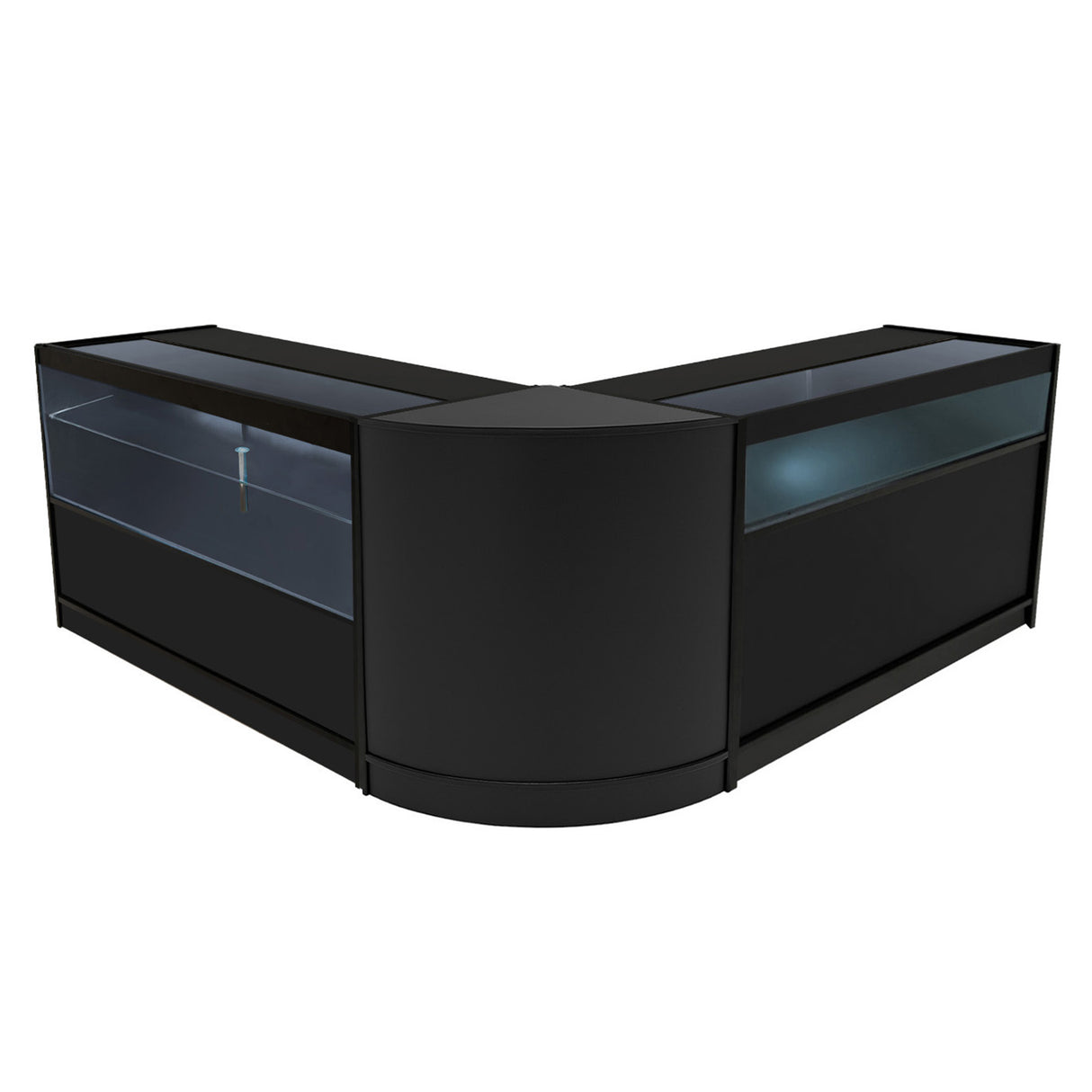 Elegantes Adonis LED Ladentheke Set in Schwarz, mit klaren Glasflächen und modernem Design, ideal für Einzelhandelsgeschäfte und Ausstellungen