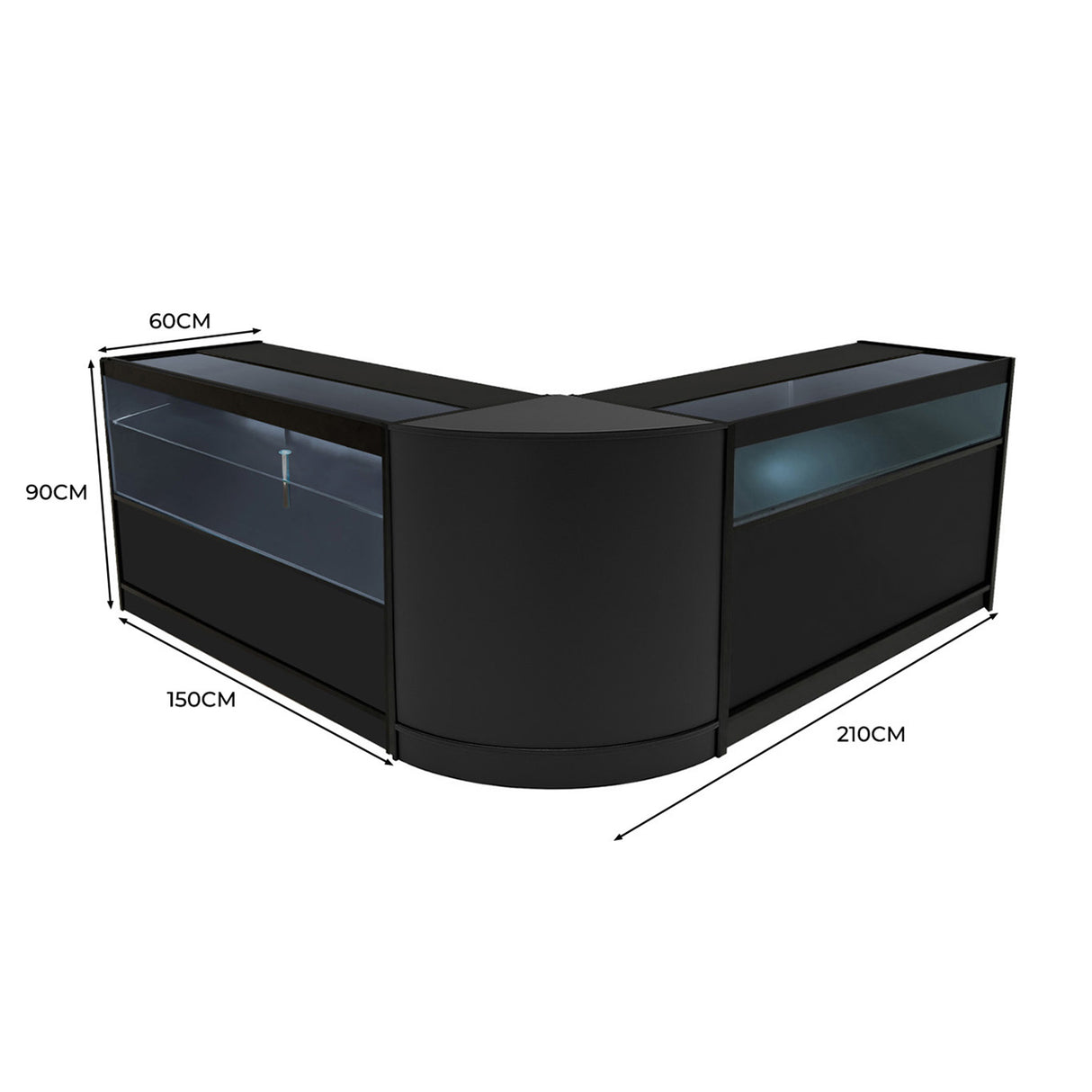 Elegantes Adonis LED Ladentheke Set in Schwarz, bestehend aus zwei Vitrinen und einer Theke, mit klaren Linien und modernen LED-Leuchten, ideal für Verkaufsräume