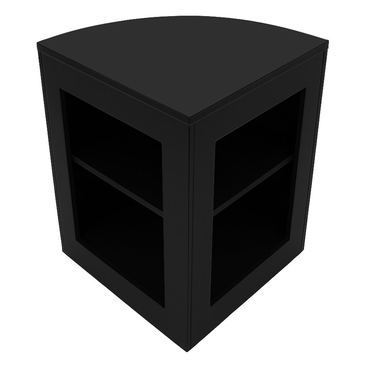 Eckige, schwarze LED Ladentheke mit zwei offenen Regalen, modernem Design und glatter Oberfläche, ideal für Verkaufsräume und Ausstellungen