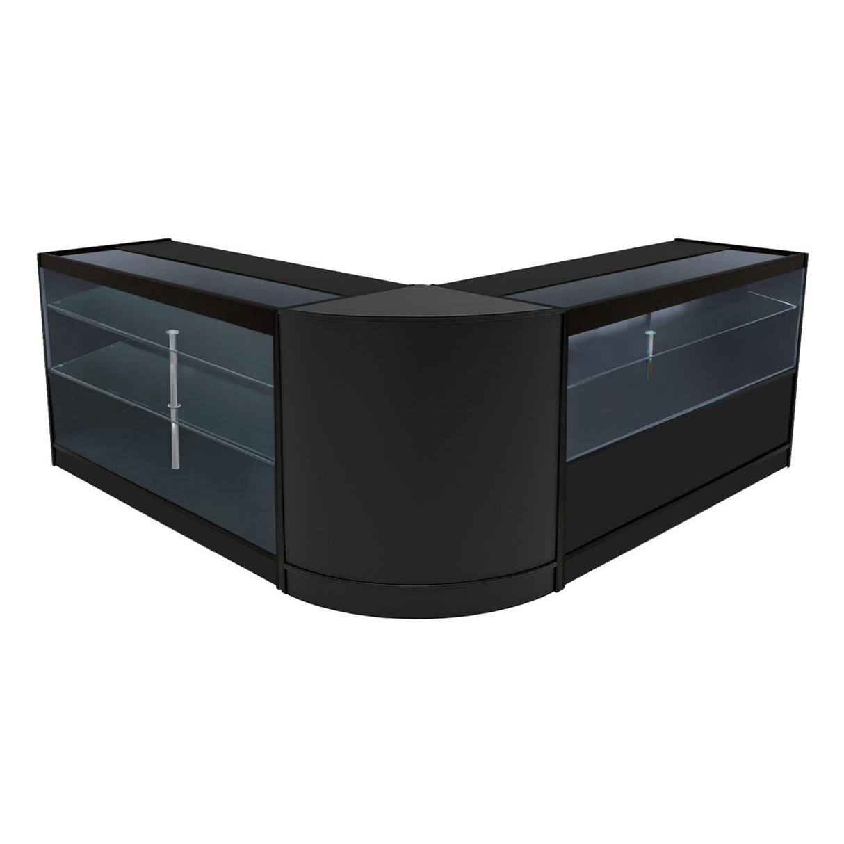 Elegantes Verkaufstheken-Set in Schwarz mit gläsernen Regalen, abgerundeten Kanten und modernem Design, ideal für Verkaufsräume und Ausstellungen