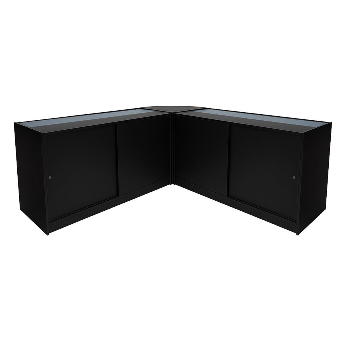 Schwarzes LED Verkaufstheken-Set mit zwei Ecken, glatten Oberflächen und Glasfenstern, ideal für den Einzelhandel oder Ausstellungen