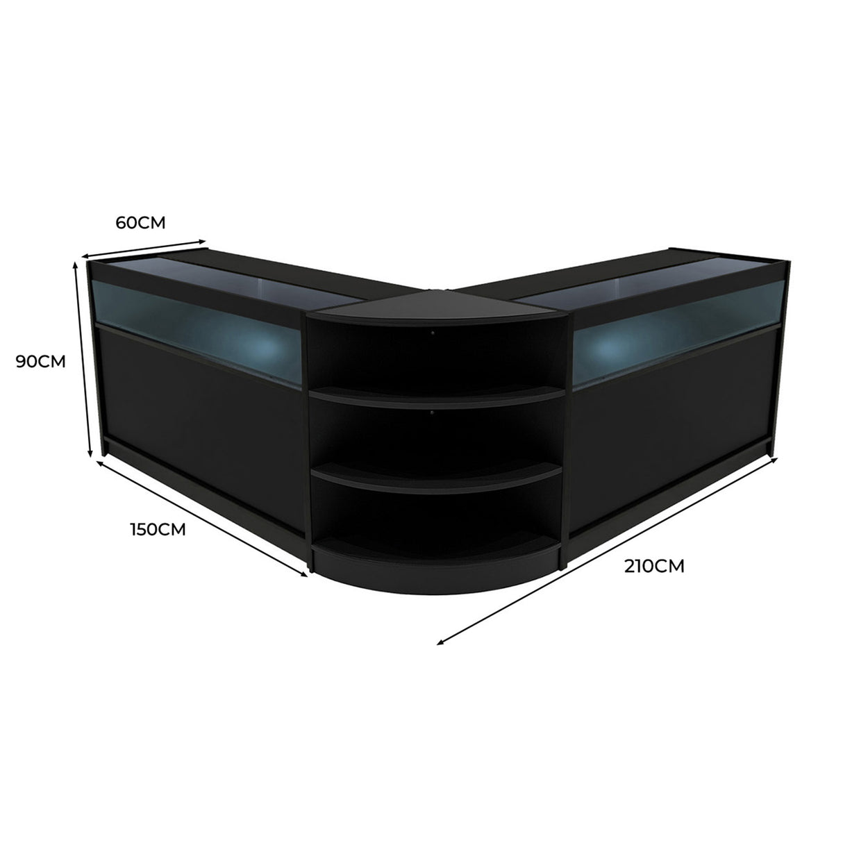 Schwarzes LED-Verkaufstheken-Set mit zwei Ecken, Glasoberflächen, offenen Regalen und modernen, eleganten Linien für Verkaufsräume