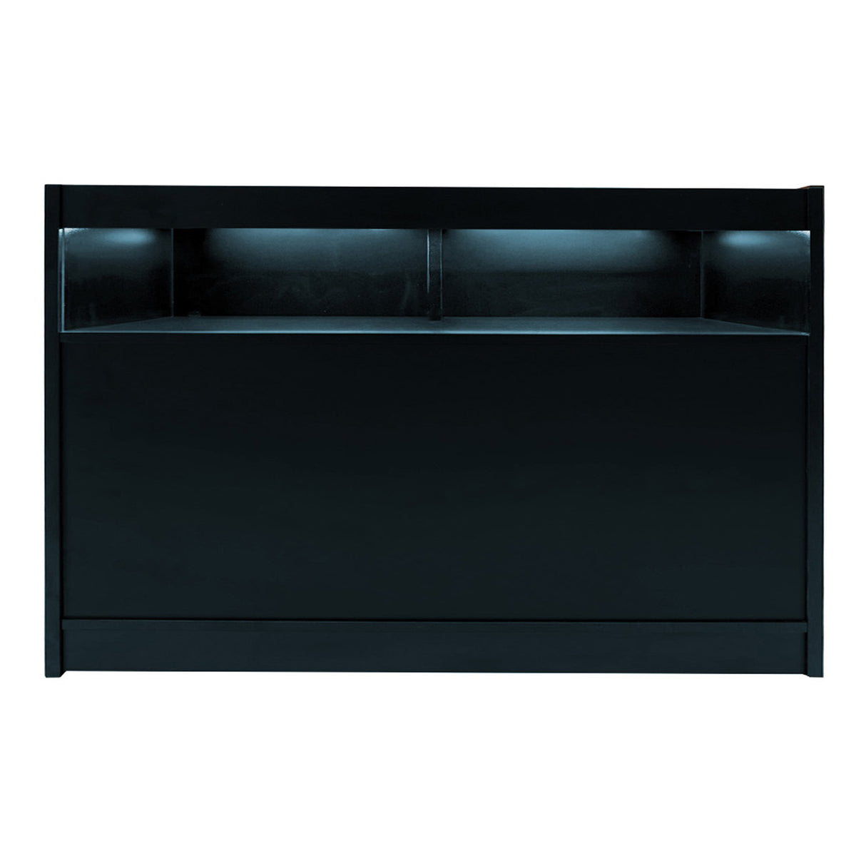 Schwarzes LED-Verkaufstheken-Set mit zwei Stück, glänzender Oberfläche, integrierter Beleuchtung und modernem, minimalistischen Design