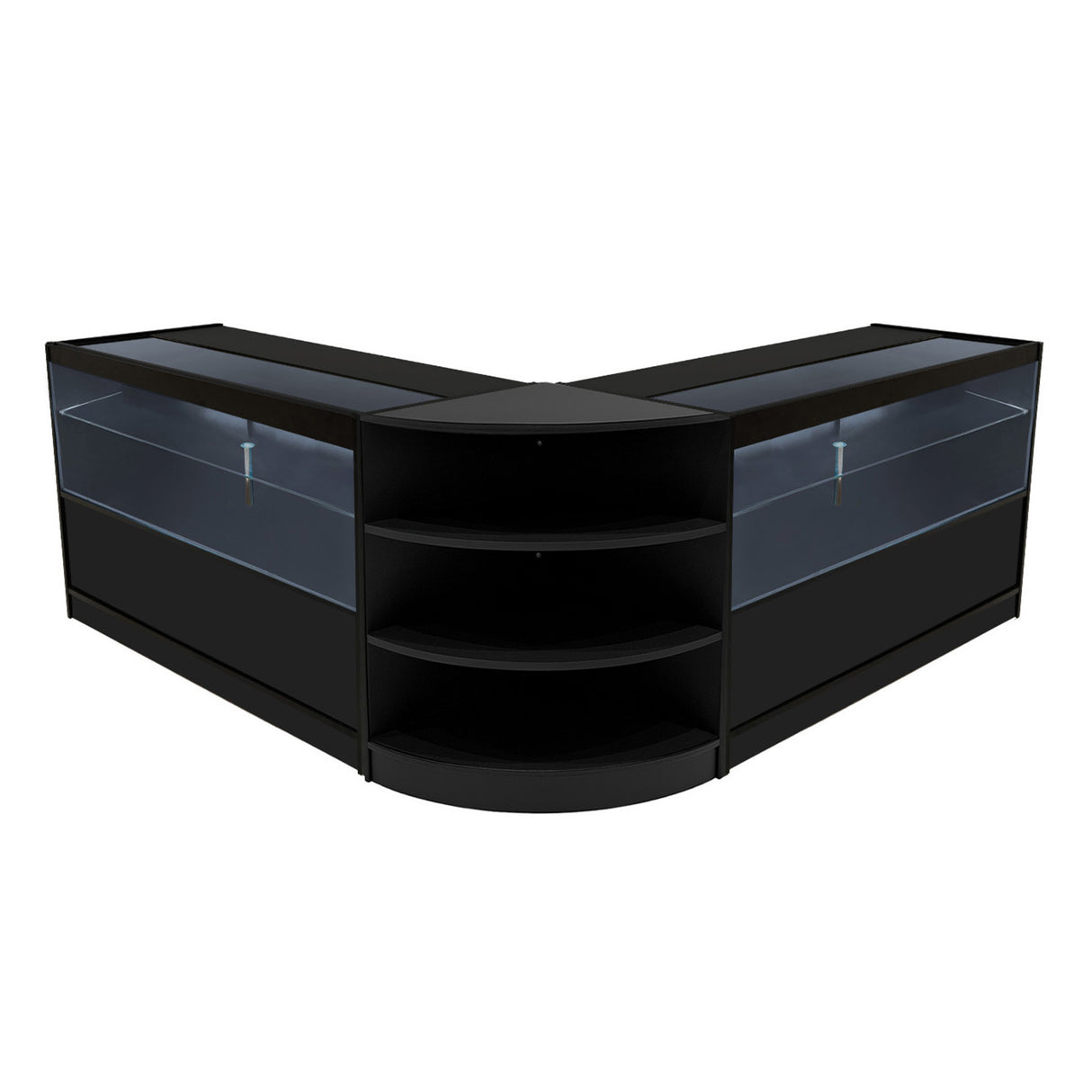 Schwarzes Andromeda LED Verkaufstheken-Set mit zwei eleganten, abgerundeten Ecken, Glasfronten und offenen Regalen für optimale Präsentation