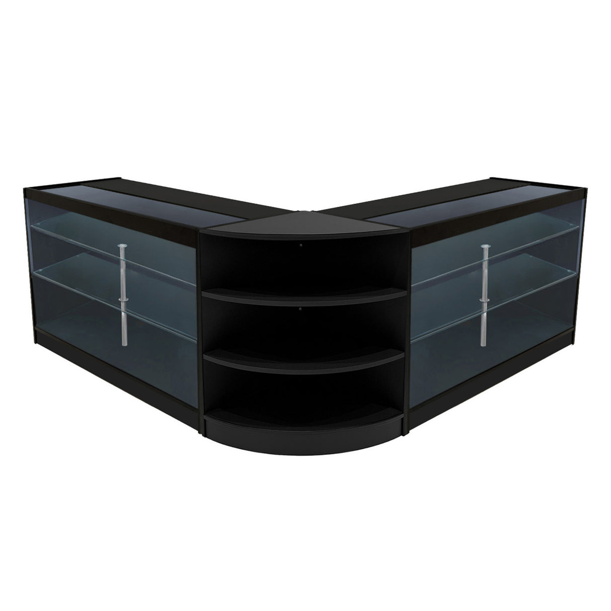 Schwarzes Apollo LED Verkaufstheken-Set mit zwei eleganten, gläsernen Regalen und abgerundeten Kanten, ideal für moderne Verkaufsräume