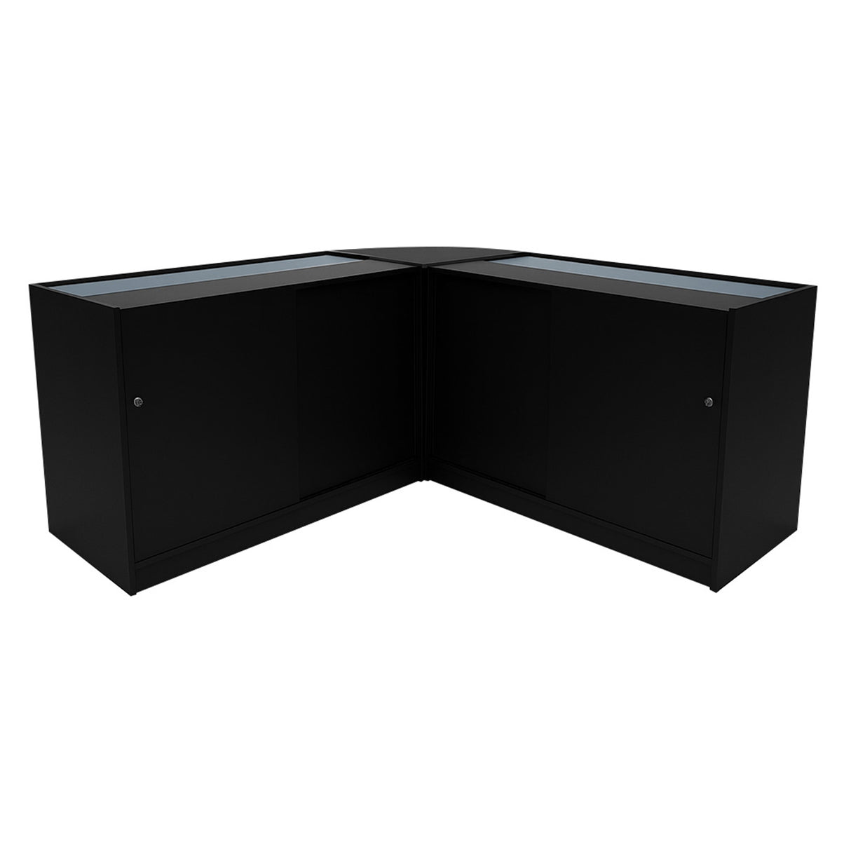 Schwarzes Apollo LED Verkaufstheken-Set LM60 + K1500, bestehend aus zwei eleganten, modernen Vitrinen mit gläsernen Oberflächen und abgerundeten Kanten