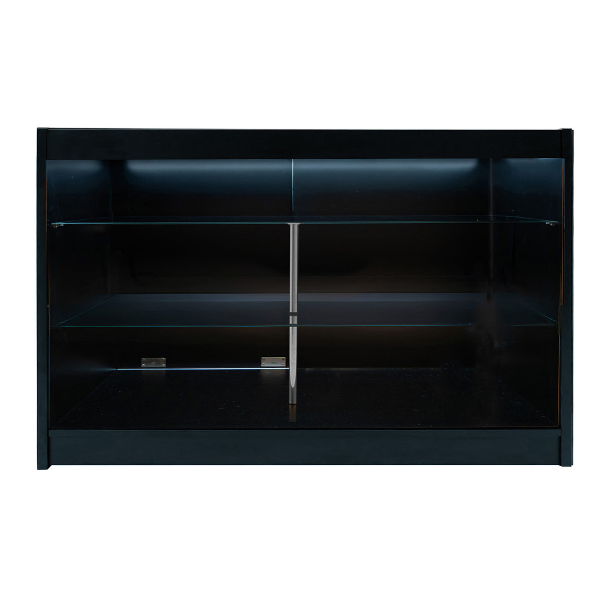 Schwarzes Apollo LED Verkaufstheken-Set mit zwei Regalen, glänzender Oberfläche und LED-Beleuchtung für ansprechende Produktpräsentation