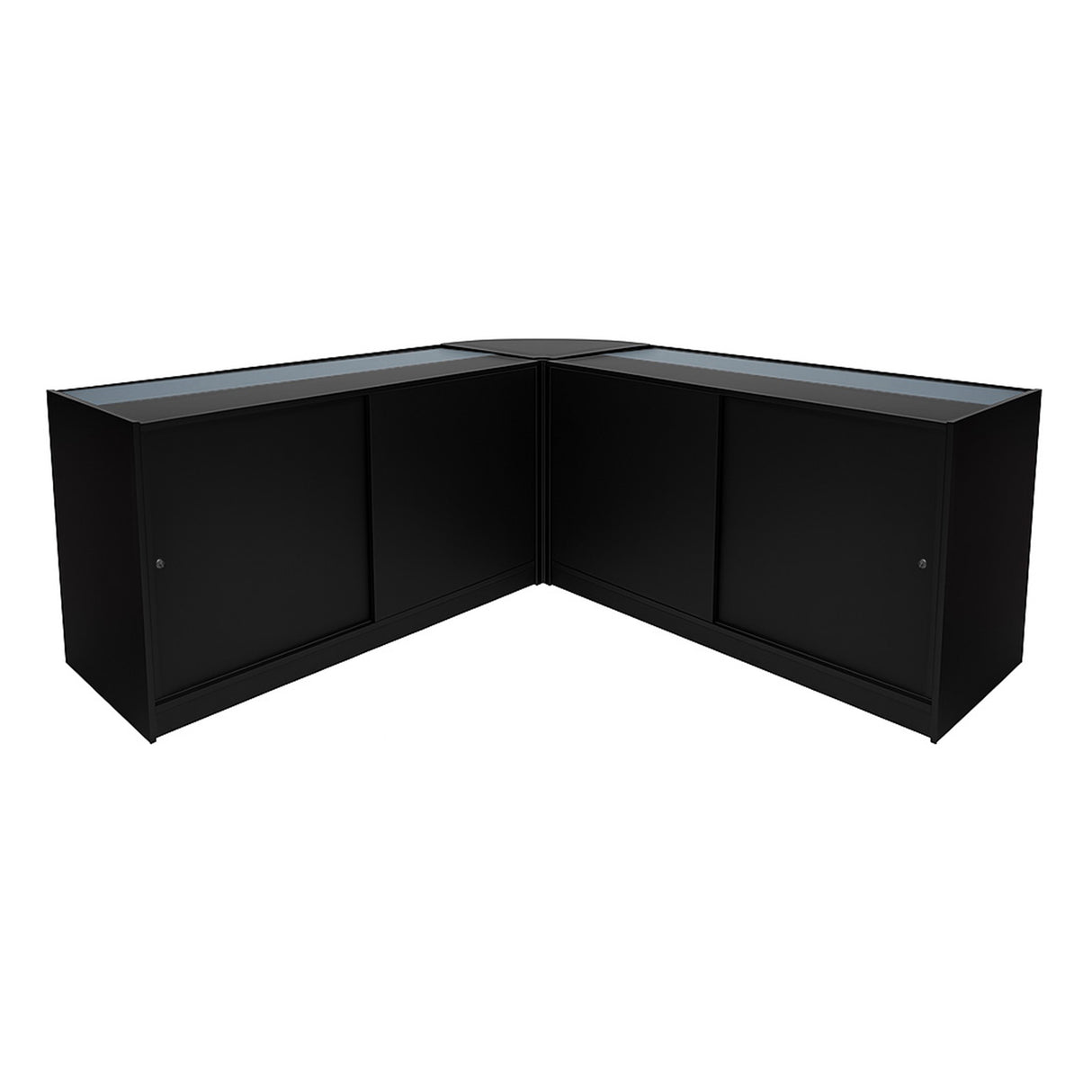 Schwarzes Harmonia LED Verkaufstheken-Set mit zwei eleganten, gläsernen Oberflächen und modernen, abgerundeten Kanten, ideal für Verkaufsräume