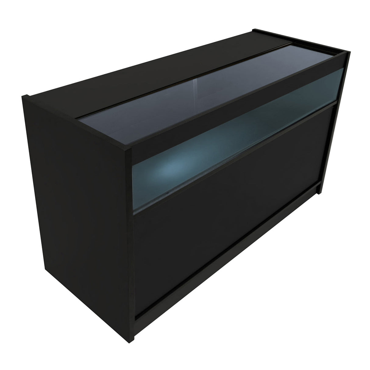 Schwarzes Harmonia LED Verkaufstheken-Set mit gläserner Oberseite, eleganter, moderner Form und integrierter Beleuchtung für ansprechende Präsentation
