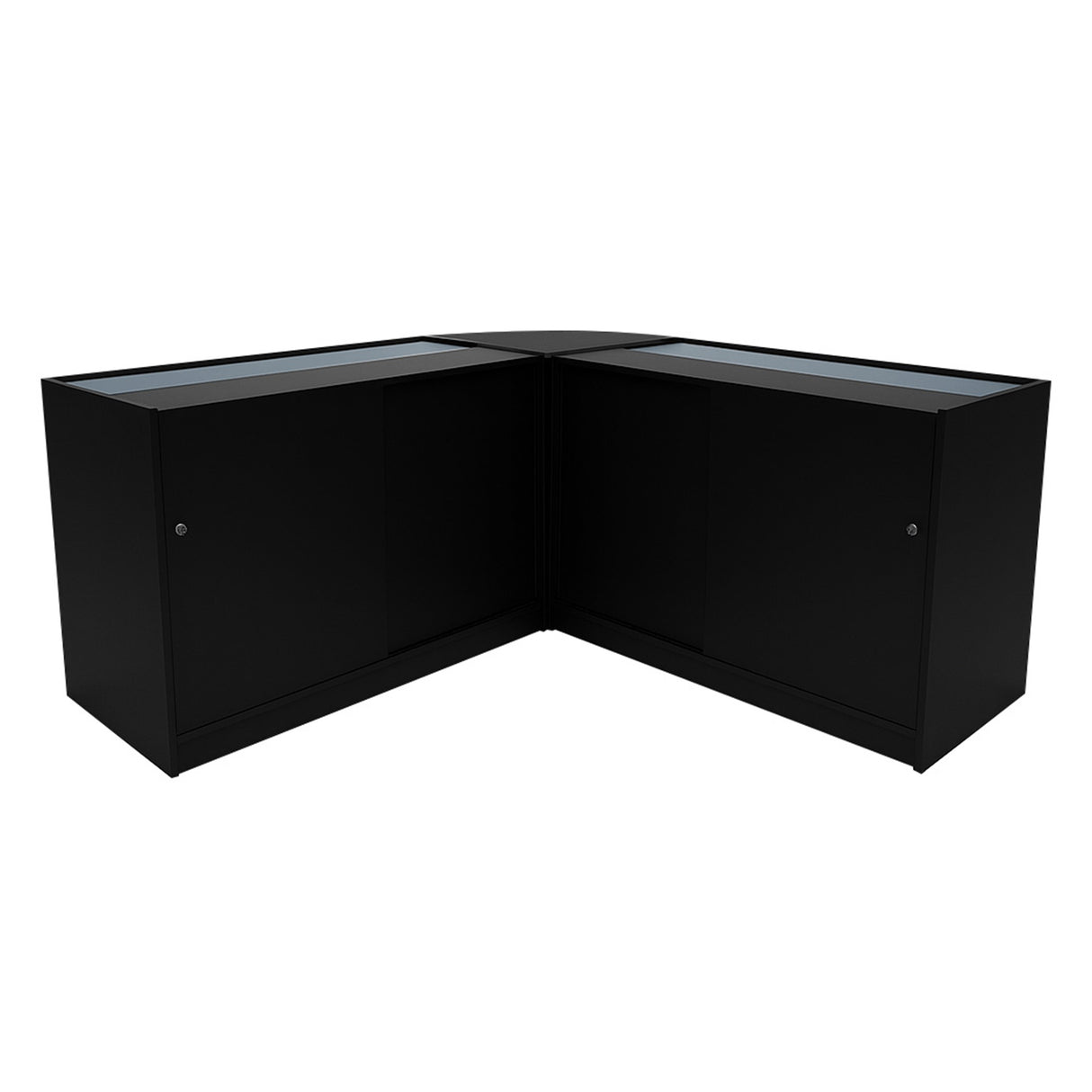 Schwarzes Demeter LED Verkaufstheken-Set mit zwei Glastüren und eleganter, moderner Form, ideal für Verkaufsräume und Ausstellungen