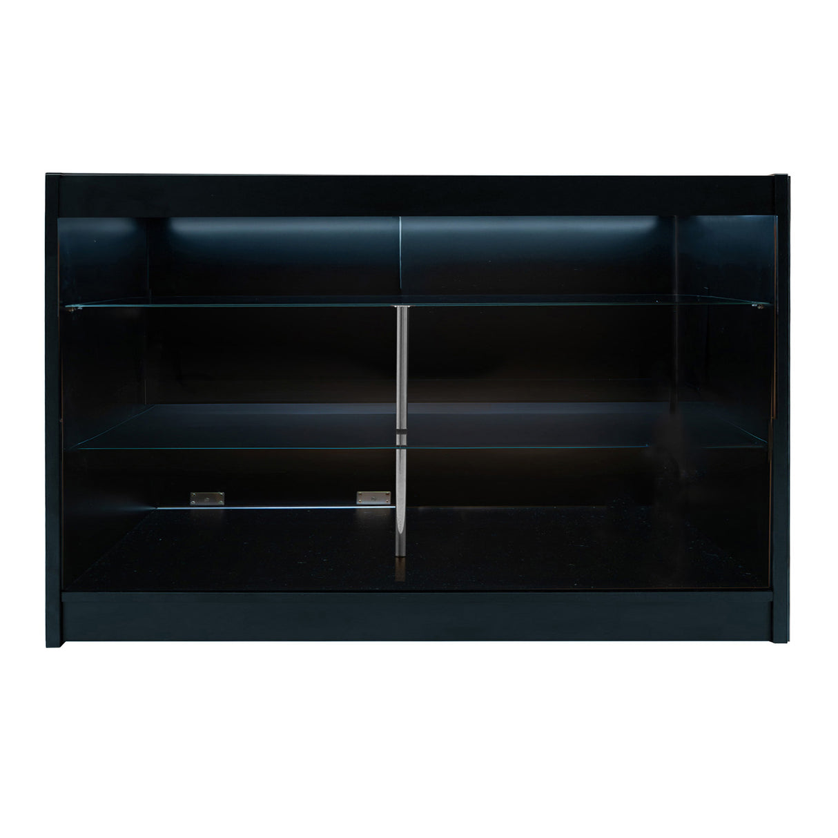 Schwarzes LED Verkaufstheken-Set mit zwei Regalen und Glasablagen, modern und elegant, ideal für Verkaufsräume und Ausstellungen