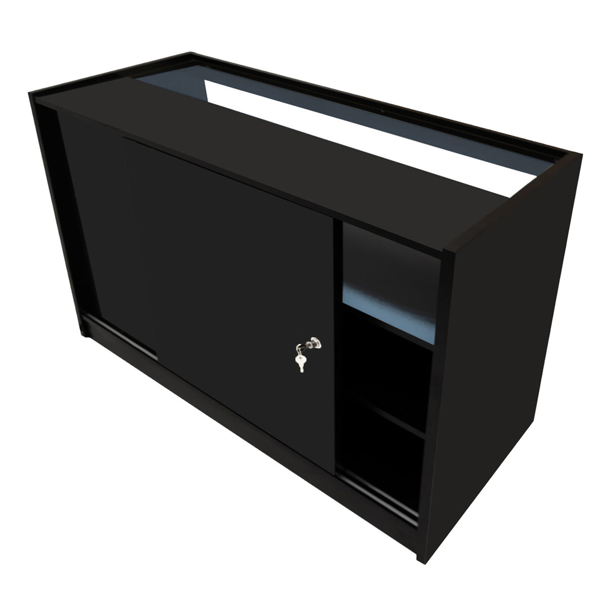 Schwarzes LED Verkaufstheken-Set mit zwei Einheiten, modernem Design, glatter Oberfläche und eleganten Schiebetüren für optimalen Stauraum