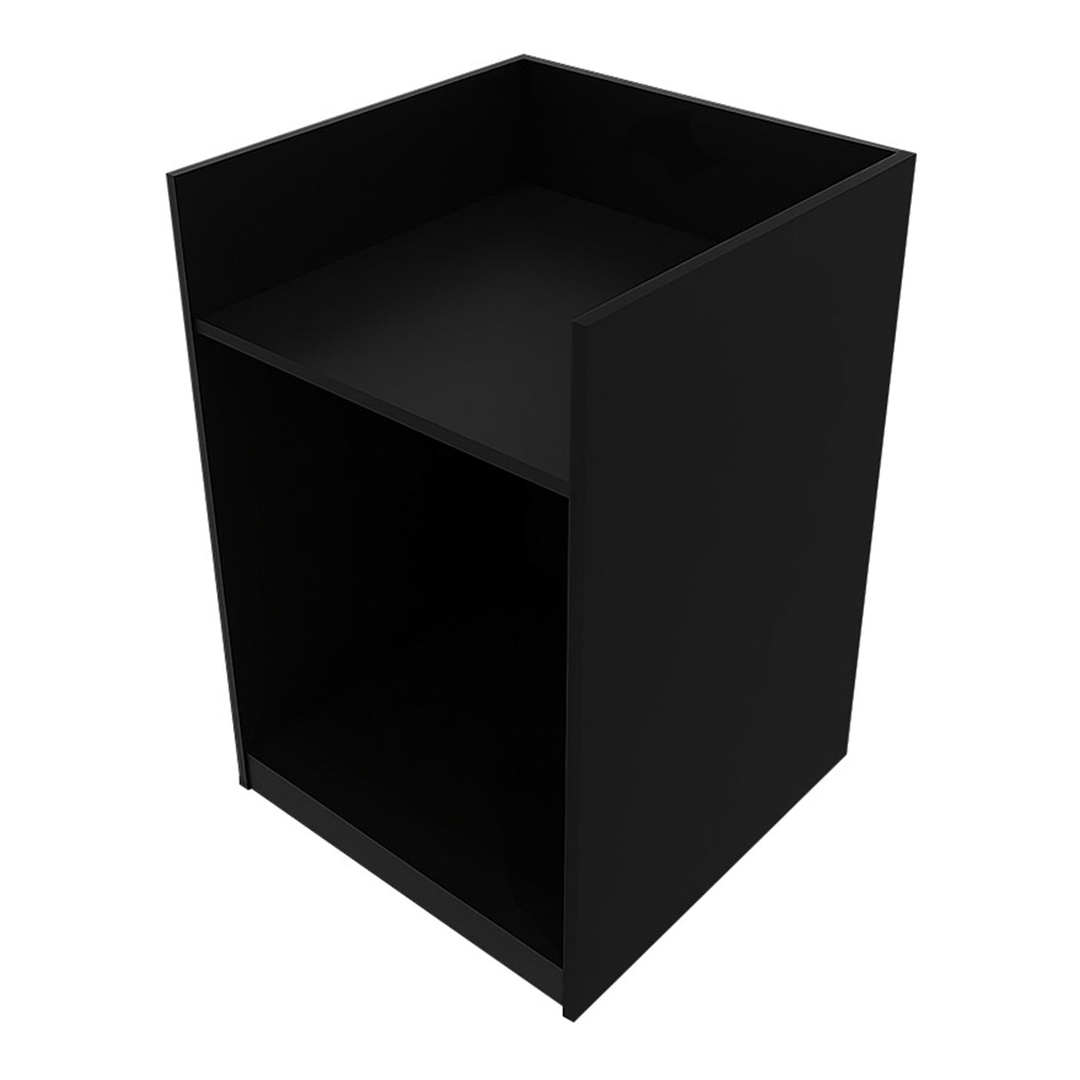 Schwarze LED Verkaufstheke mit zwei offenen Fächern, modernem Design und glatter, mattschwarzer Oberfläche, ideal für Verkaufsräume