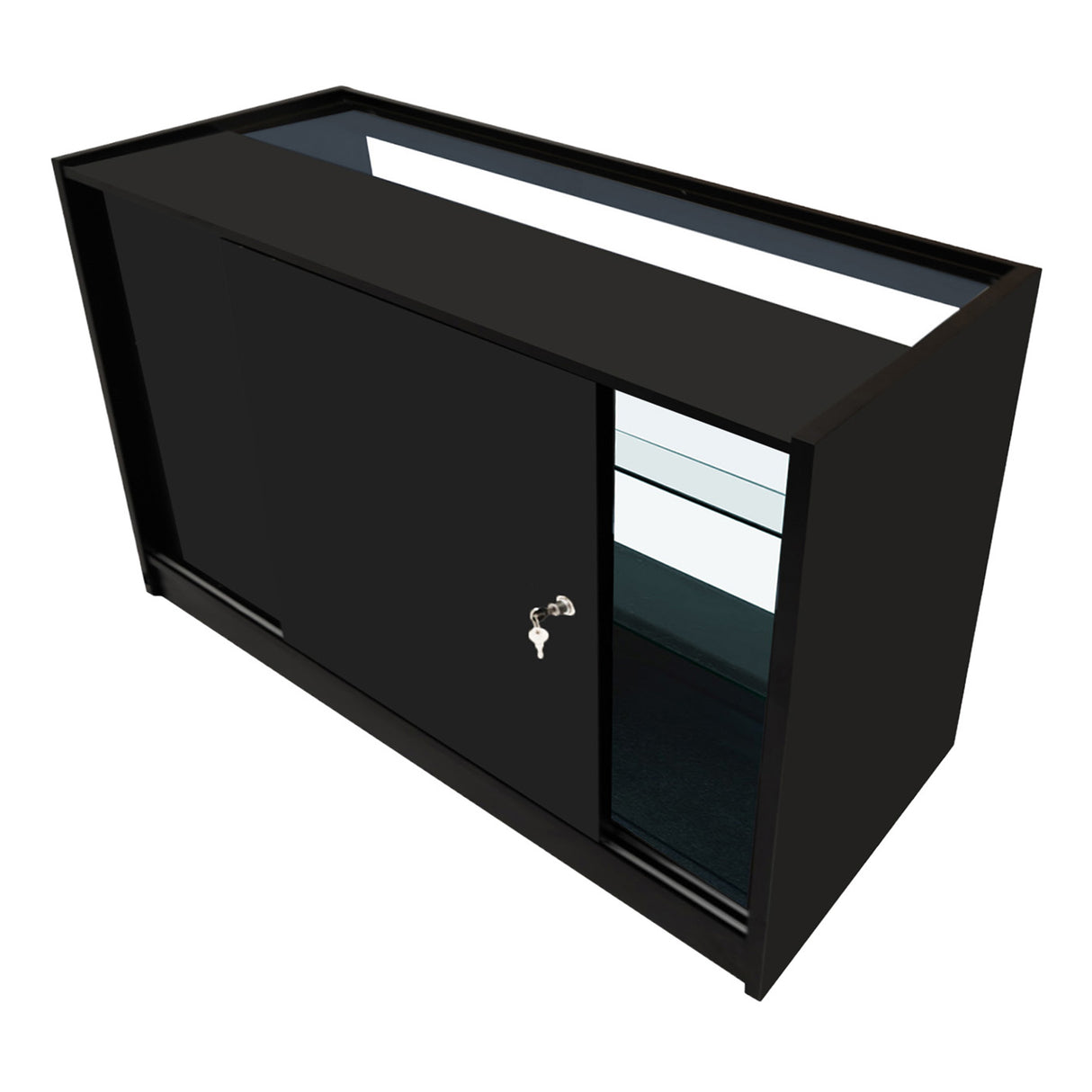 Schwarzes Hyperion LED Verkaufstheken-Set mit Glastüren, eleganter Oberfläche und modernem Design, ideal für Verkaufsräume und Ausstellungen