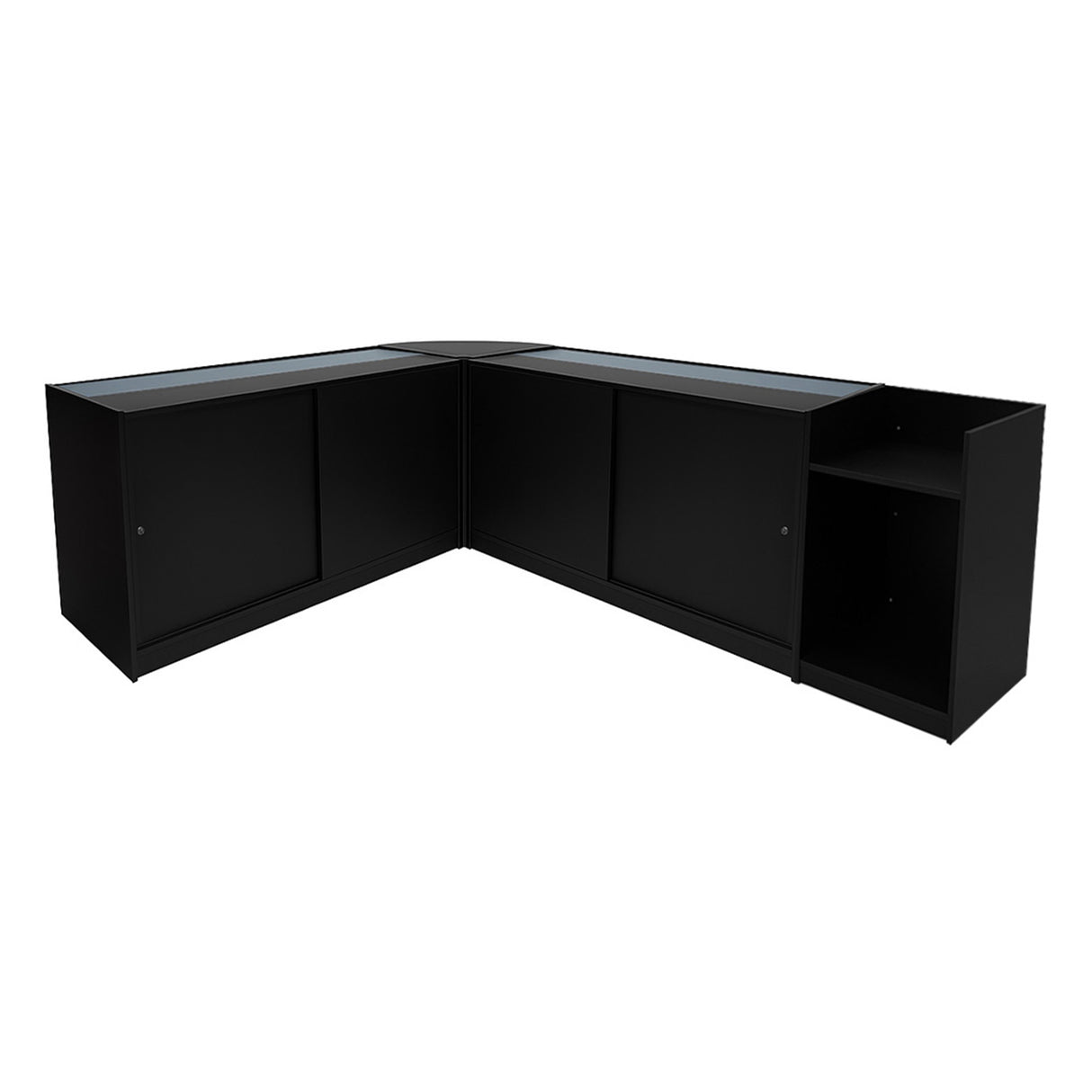 Schwarzes Theia LED Verkaufstheken-Set mit eleganten Glasoberflächen, modernem Design und praktischen Stauraumoptionen für den Einzelhandel