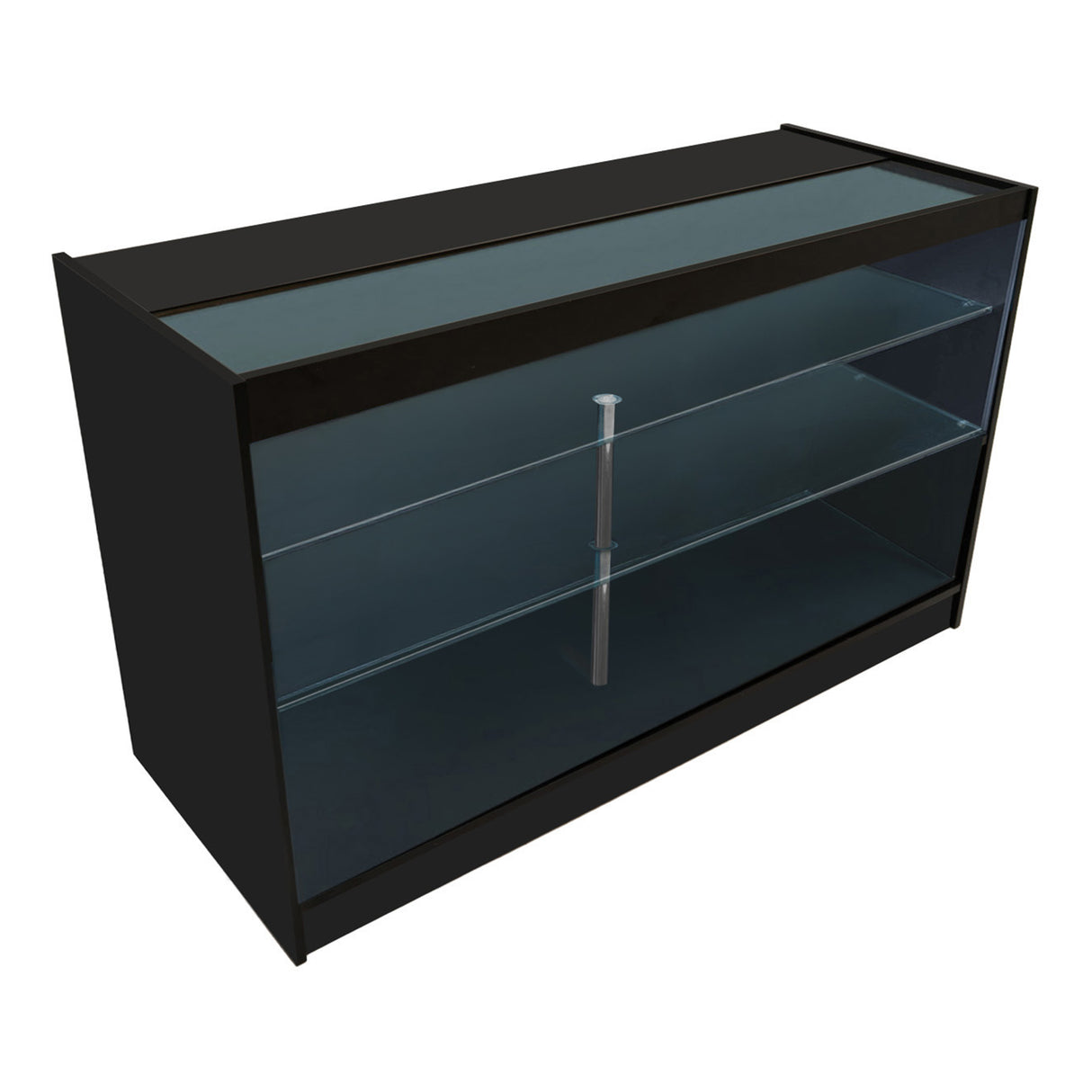 Schwarzes LED Verkaufstheken-Set mit Glasregalen, eleganter, moderner Design und klaren Linien, ideal für Verkaufsräume und Ausstellungen