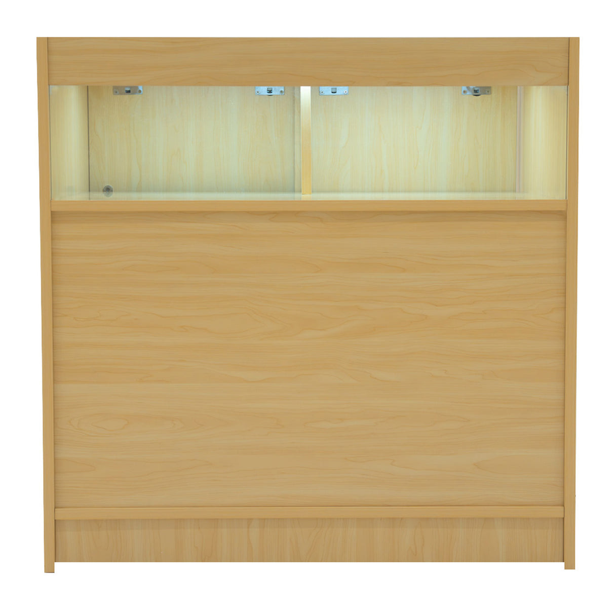Verkaufstheke aus hellem Ahornholz mit zwei beleuchteten Vitrinen, glatter Oberfläche und modernem, minimalistischen Design für Verkaufsräume