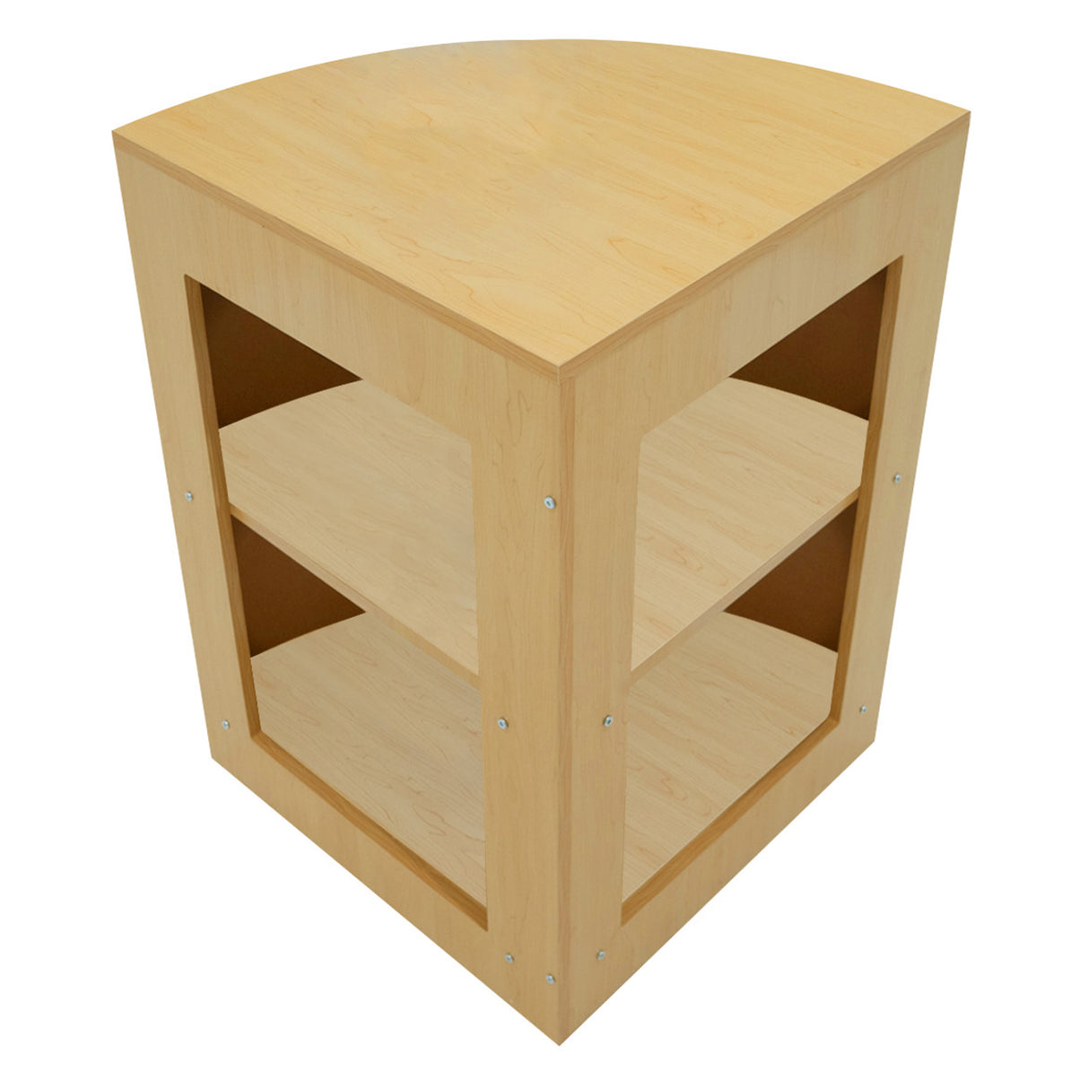 Eckige Verkaufstheke aus hellem Ahornholz mit zwei offenen Regalen, glatter Oberfläche und modernen, silbernen Schrauben für einen eleganten Look