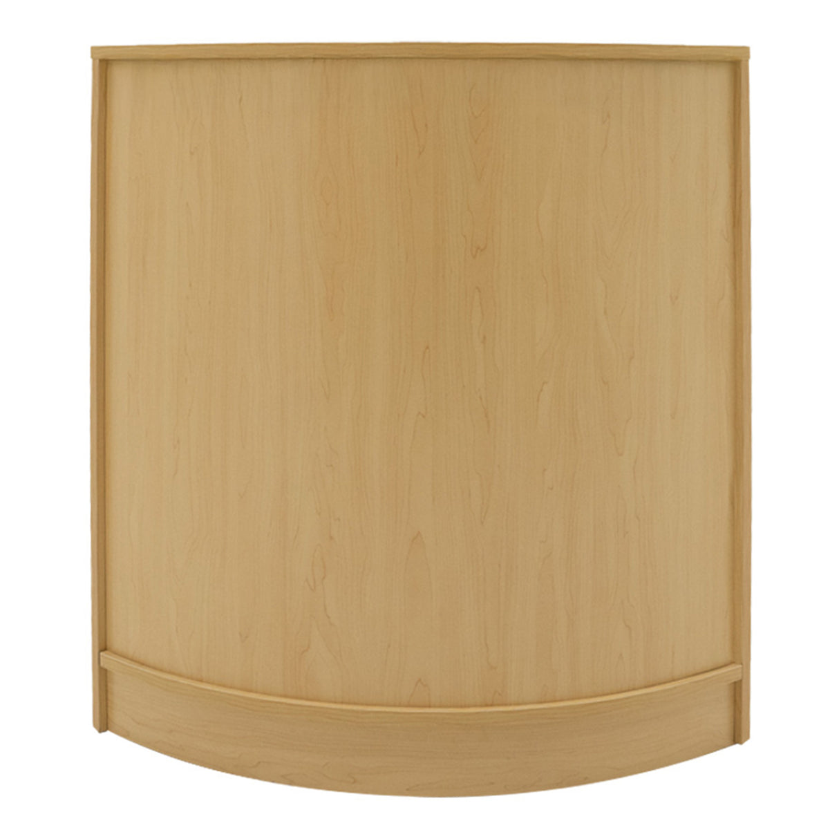 Selene LED Verkaufstheken-Set in Ahorn, zwei geschwungene Theken mit glatter, hellbeiger Holzoberfläche und eleganter, minimalistischer Form