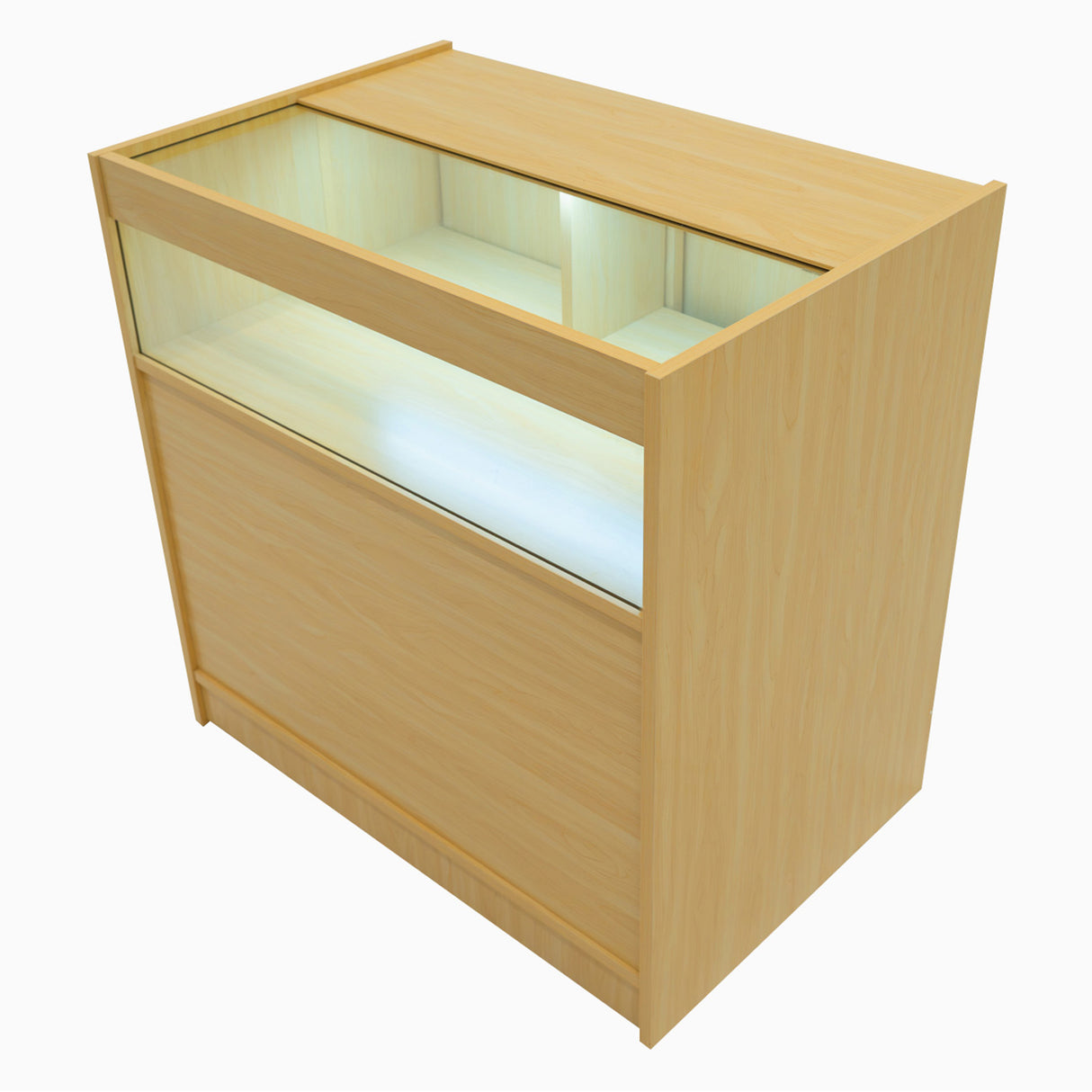 Verkaufstheke aus hellem Ahornholz mit Glasoberfläche, beleuchtet, modern und funktional, ideal für Verkaufsräume und Ausstellungen