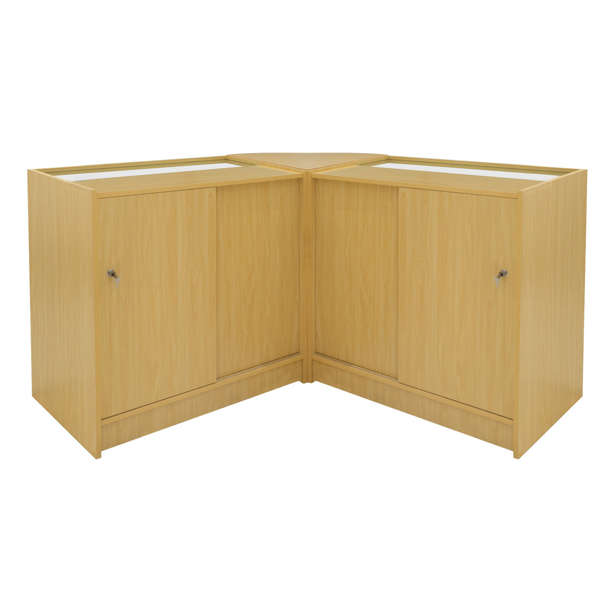Eckige Verkaufstheke aus hellem Ahornholz mit zwei geschlossenen Fächern, glatter Oberfläche und minimalistischer, moderner Gestaltung
